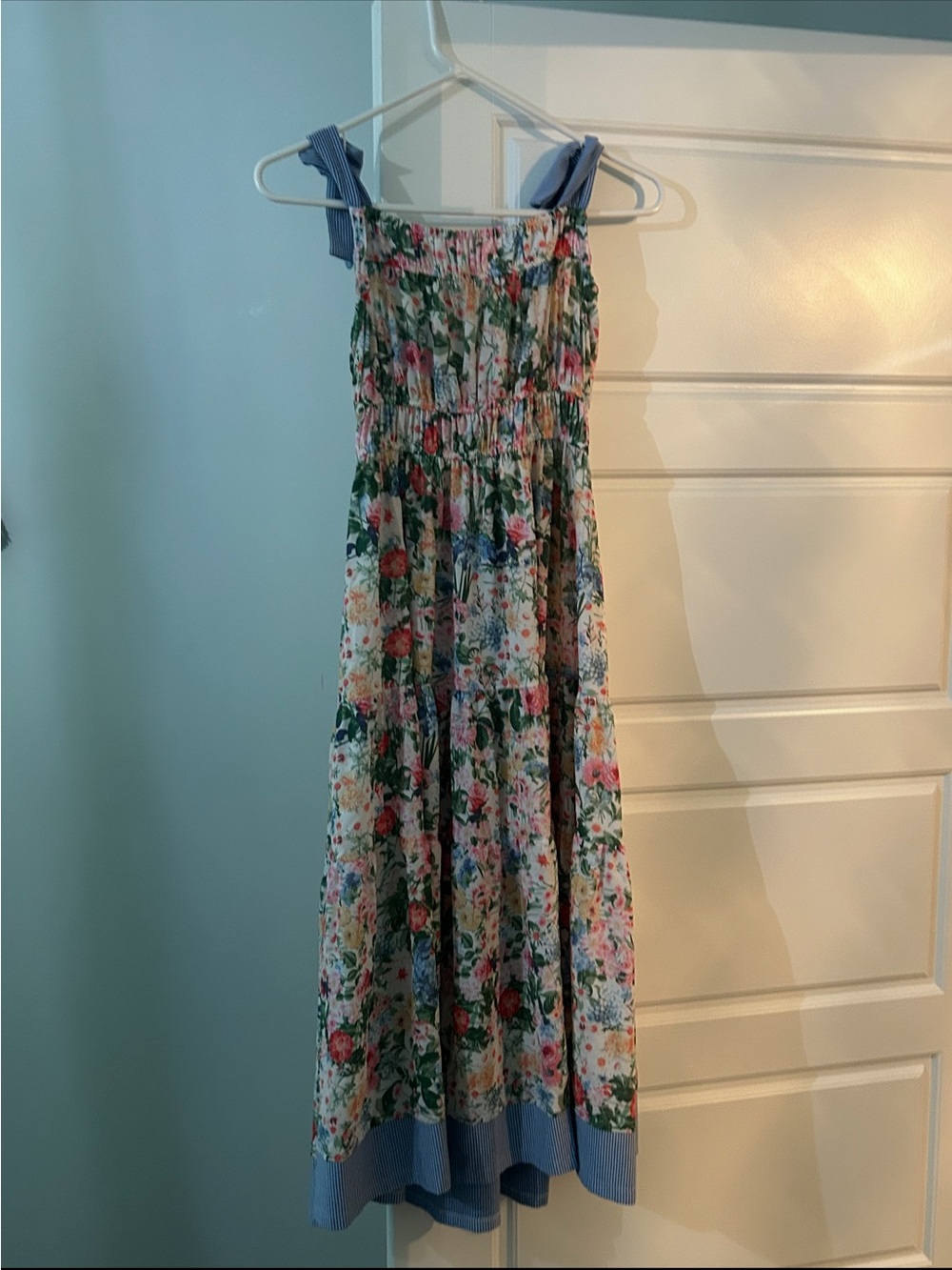 Rare Editions Floral Smocked Maxi Dress with Blue Trim